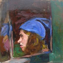 Autoportrait au chapeau bleu, huile sur toile 39x39cm. Collection privée.